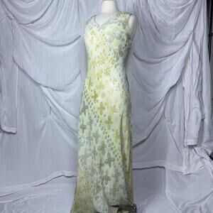 Vintage Preppy Indie Cottage Boho Floral Print Yellow & Green Maxi Dress (6)